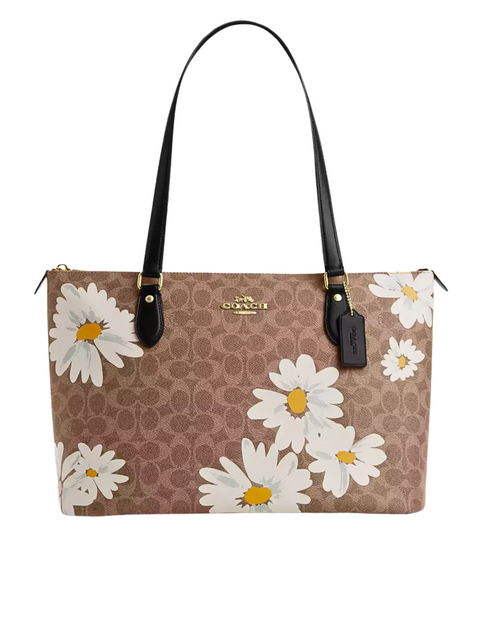 Coach Gallery Tote Bag In Signature Canvas With Floral Print Tan