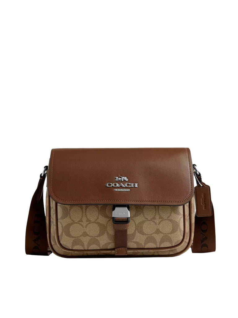 Coach Pace Messenger Bag In Signature Jacquard Canvas Khaki Saddle Balilene