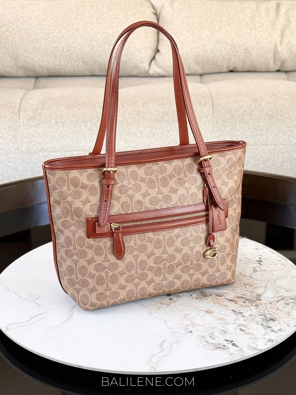 Coach-Taylor-Tote-In-Signature-Canvas-Tan-Rust-balilene