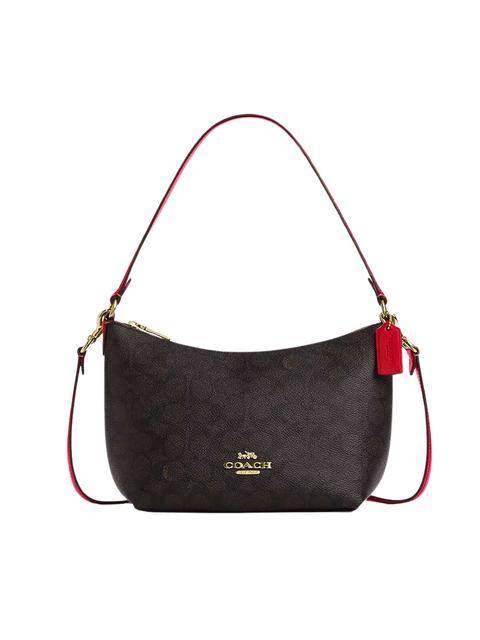 Coach Zip Shoulder Bag In Signature Canvas Walnut/Bold Red – Balilene