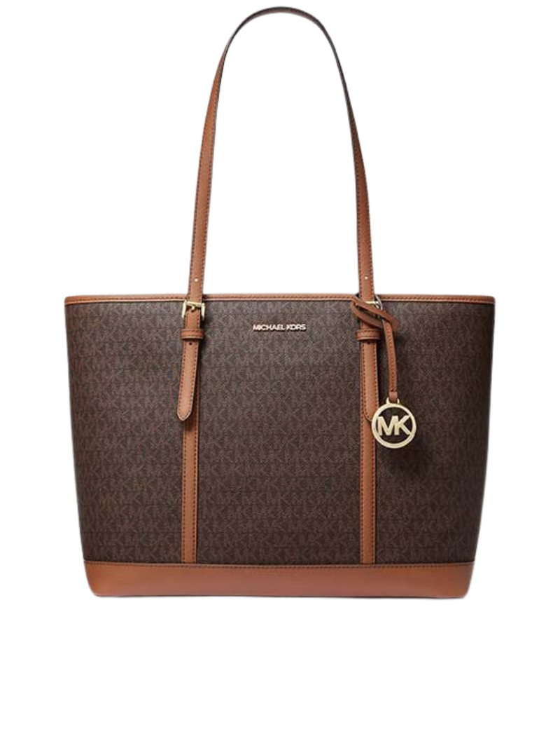 MICHAEL hotsell KORS BROWN BLACK MEDIUM CARRYALL TOTE JET SET TRAVEL 3D GRAPHIC LOGO BAG