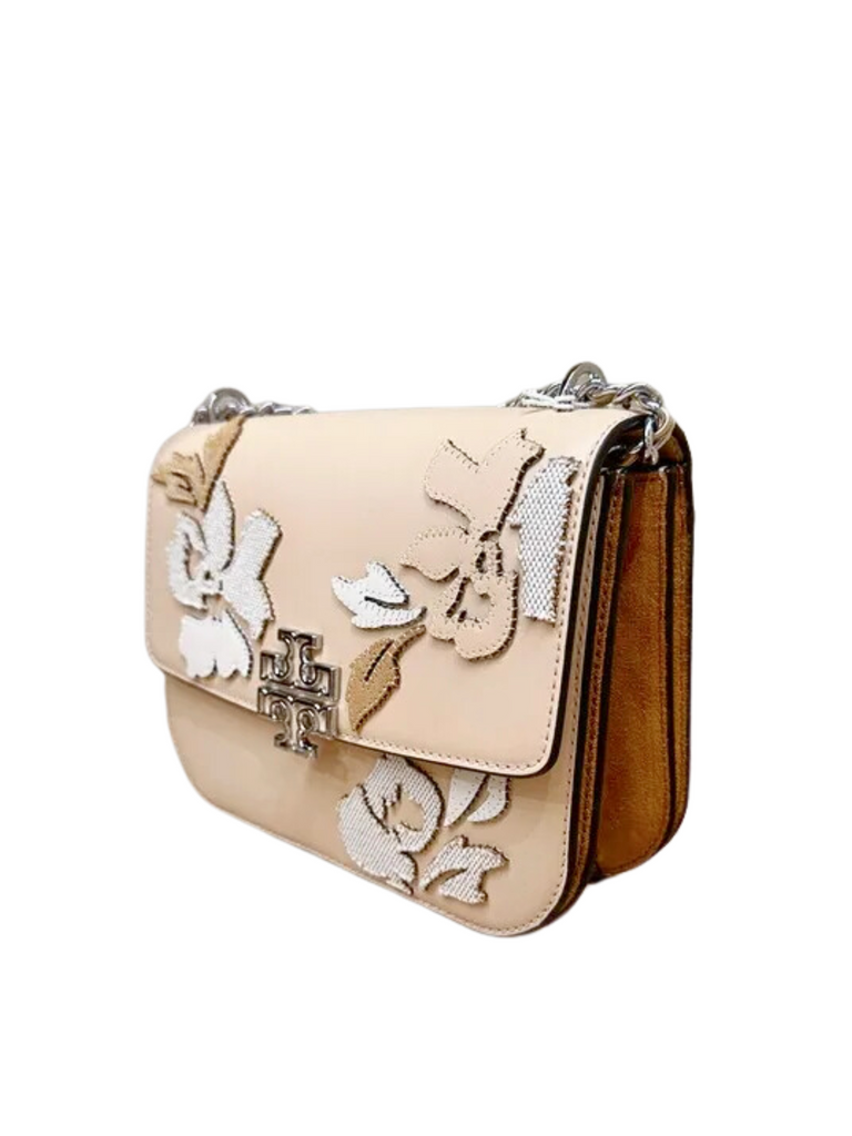 Tory Burch Britten Floral Applique Small Adjustable Shoulder Bag Light Nougat/New Ivory