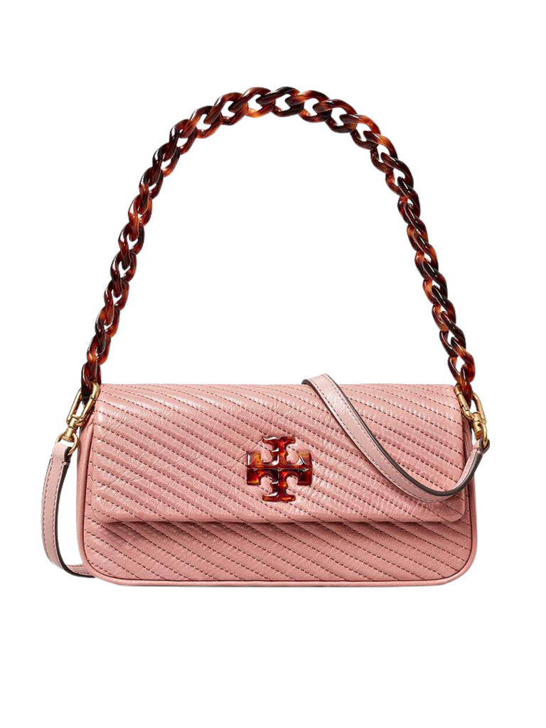 Tory Burch Kira Moto Quilt Small Flap Leather Shoulder Bag Pink Magnolia