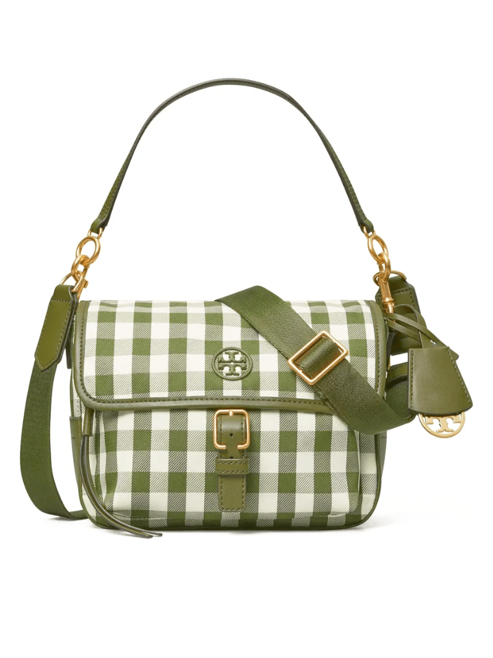 Tory Burch Piper Gingham Crossbody Bag In Leccio/New Ivory Gingham