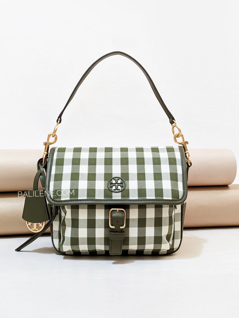 Tory Burch Piper Gingham Crossbody Bag In Leccio/New Ivory Gingham