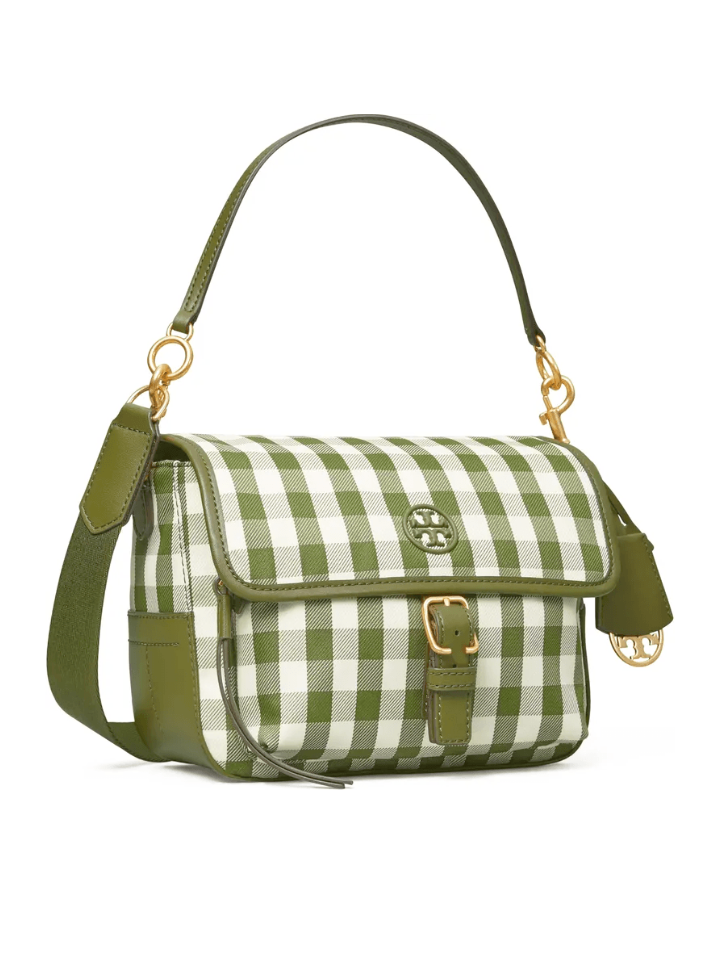 Tory Burch Piper Gingham Crossbody Bag In Leccio/New Ivory Gingham