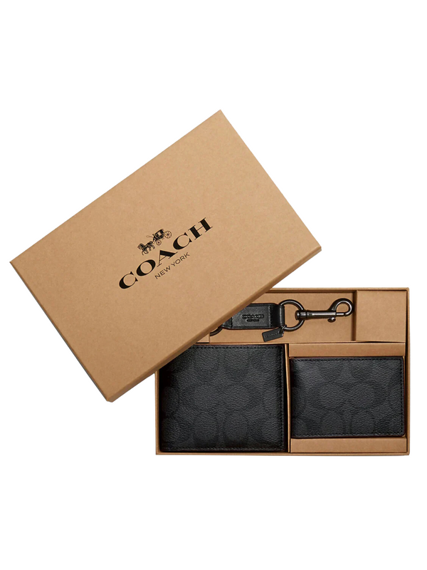 Coach Boxed 3 In 1 Wallet Gift Set In Signature Canvas In Charcoal/Bla ...
