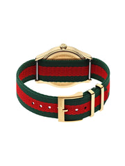 detail-belakang-Gucci-G-Timeless-Bee-Red-Green-Dial-Two-Tone-Nylon-Strap-Watch