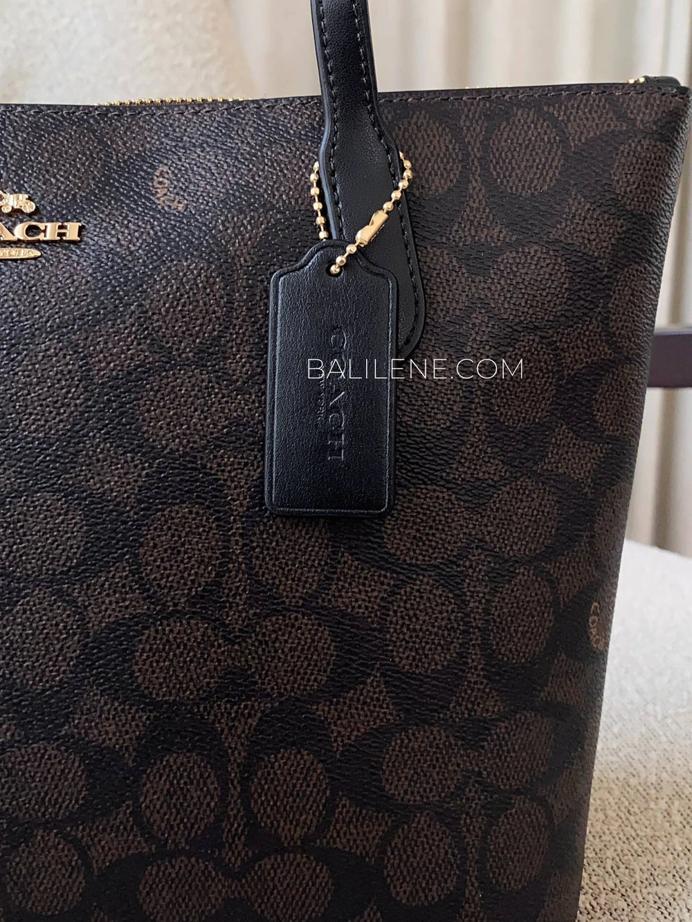 detail-depan-Coach-Fiona-Zip-Tote-Bag-In-Signature-Canvas-Walnut-Black-balilene