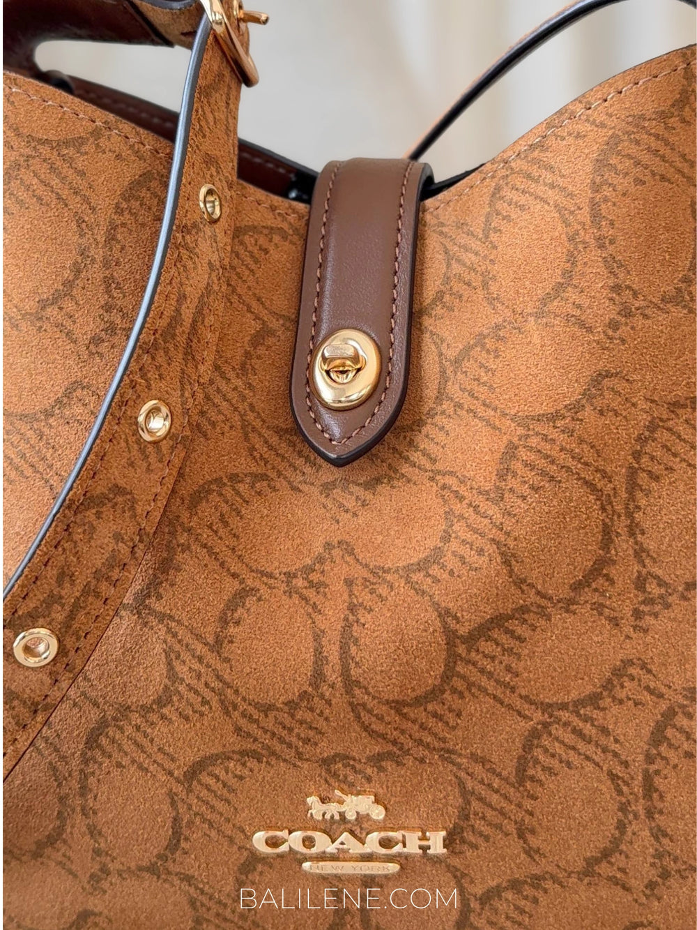 detail-depan-Coach-Hadley-Mini-Crossbody-Bag-In-Signature-Suede-Caramel-balilene