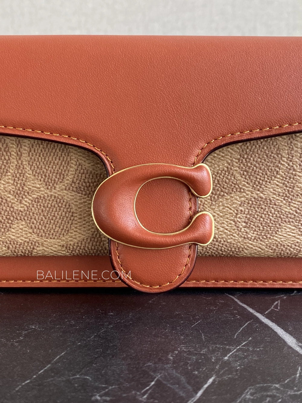detail-depan-Coach-Tabby-Wristlet-In-Signature-Canvas-Tan-Rust-balilene