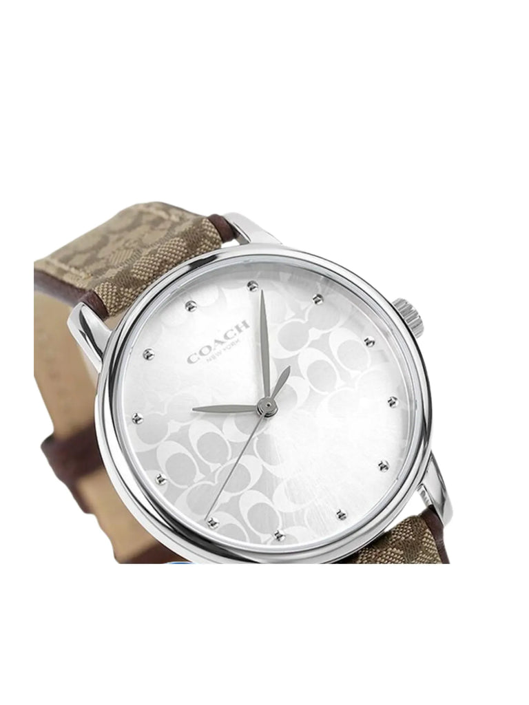 Coach Grand Silver White Dial Watch Signature Brown Strap Balilene