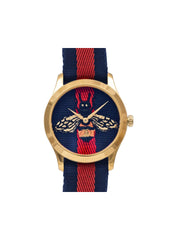detail-dial-Gucci-G-Timeless-Bee-Red-_-Blue-Dial-Red-Two-Tone-Nylon-Strap-Watch