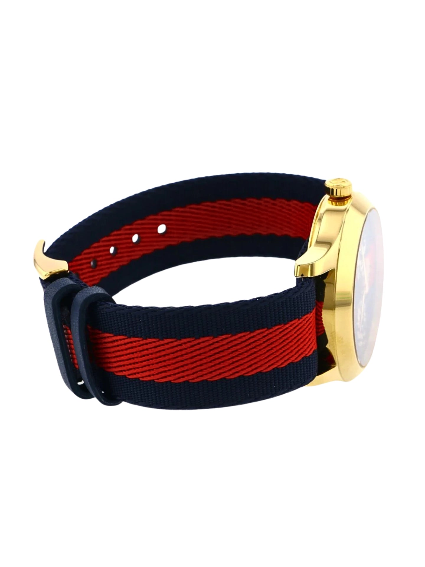 detail-samping-Gucci-G-Timeless-Bee-Red-_-Blue-Dial-Red-Two-Tone-Nylon-Strap-Watch