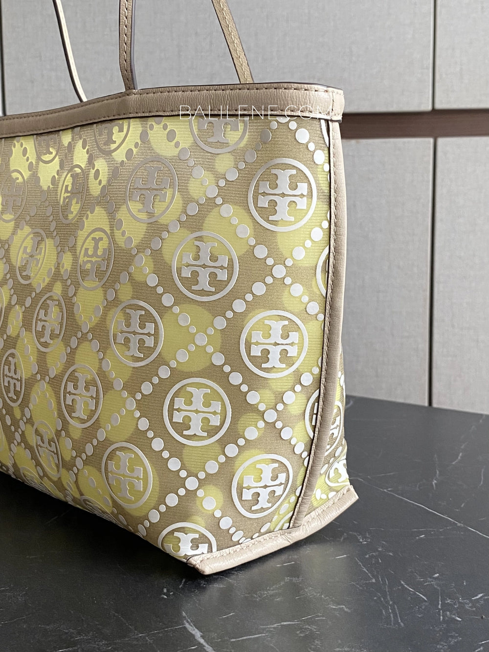 detail-samping-Tory-Burch-T-Monogram-Mesh-Dot-Tote-Bag-Neutral-Honeydew-balilene