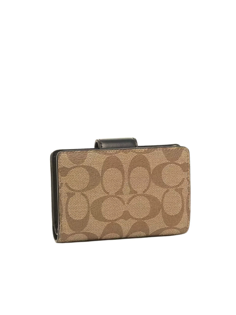 Coach Medium Corner Zip Wallet In Signature Canvas Khaki Black Balilene