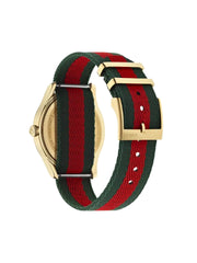 gambar-belakang-Gucci-G-Timeless-Bee-Red-Green-Dial-Two-Tone-Nylon-Strap-Watch