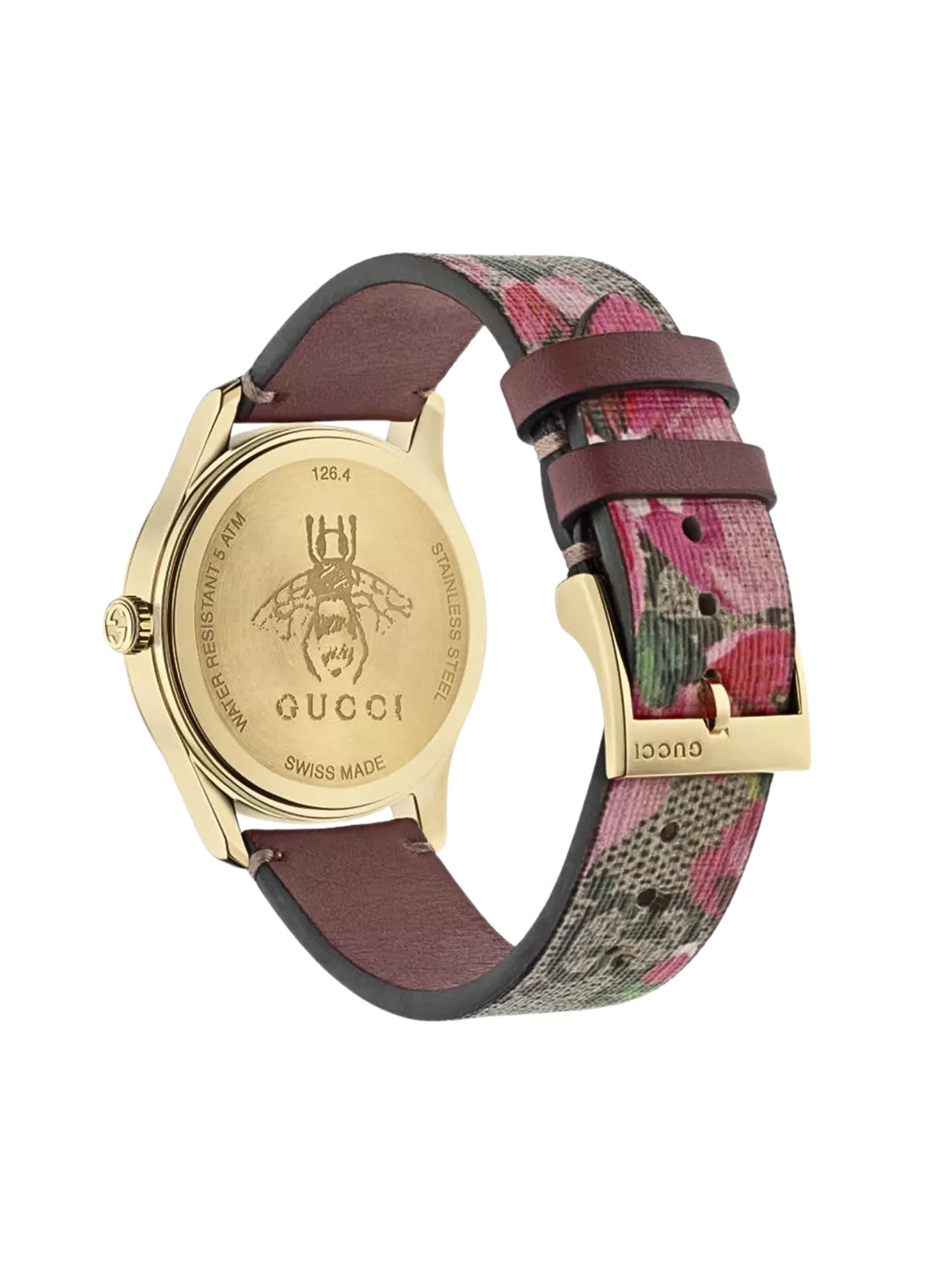 gambar-dalam-Gucci-G-Timeless-Floral-Brown-Gold-Leather-Strap-Watch