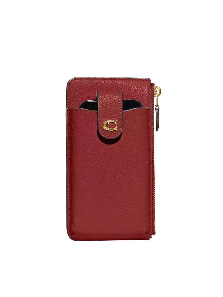 Coach Essential Polished Pebble Leather Phone Wallet Brass Enamel Red Balilene