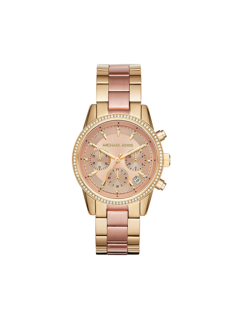 gambar-depan-Michael-Kors-Womens-Ritz-Stainless-Steel-Watch-With-Crystal-Topring-Gold-Pink