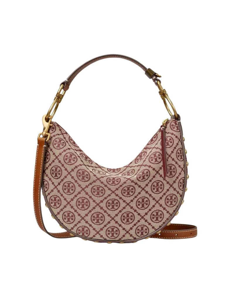 gambar-depan-Tory-Burch-T-Monogram-Studded-Jacquard-Mini-Crescent-Bag-Claret