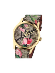 gambar-detail-Gucci-G-Timeless-Floral-Brown-Gold-Leather-Strap-Watch