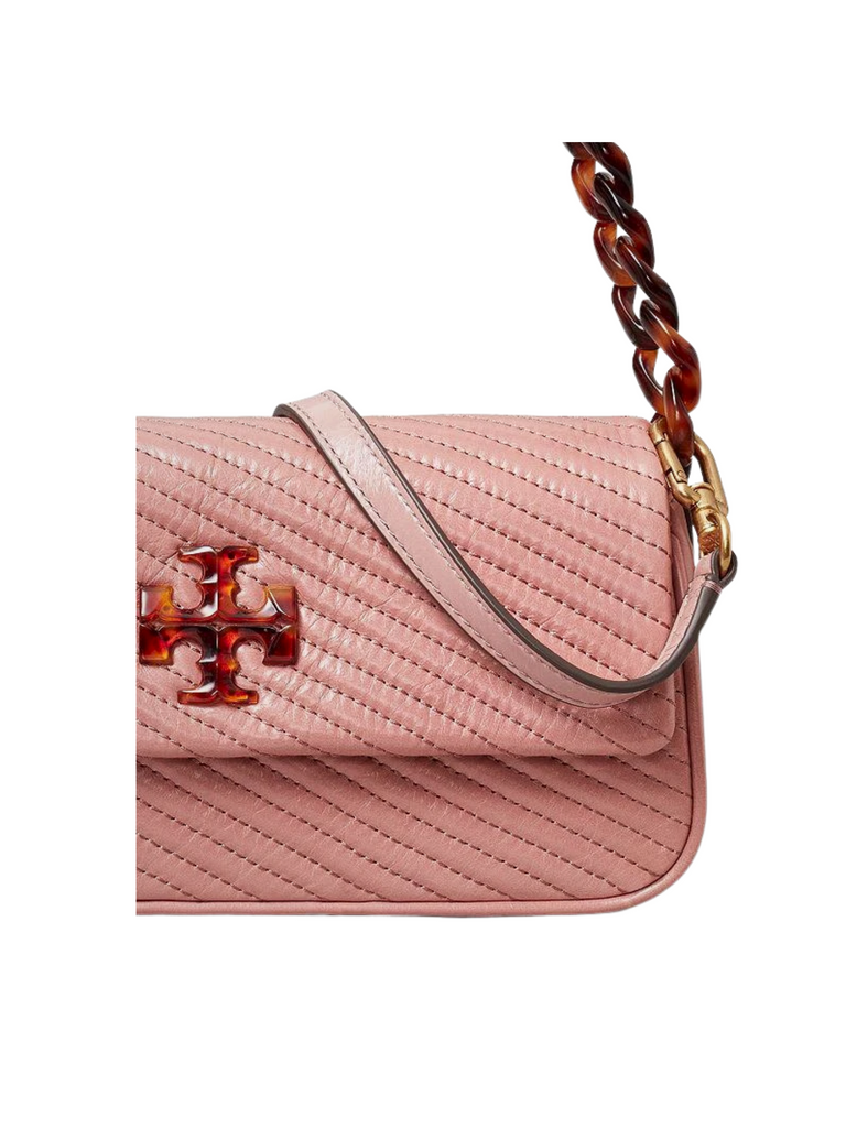 Tory Burch Kira Moto Quilt Small Flap Leather Shoulder Bag Pink Magnolia