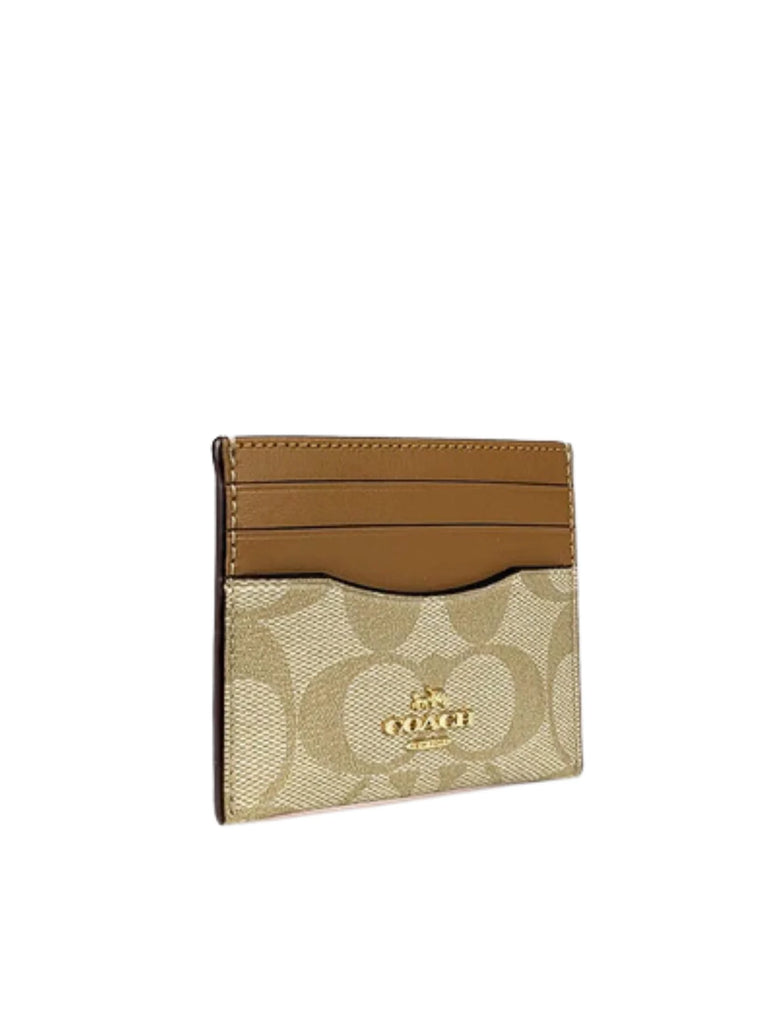 Coach Slim ID Card Case Signature Canvas Light Khaki Saddle Balilene
