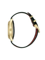 gambar-samping-Gucci-G-Timeless-Bee-Red-Green-Dial-Two-Tone-Nylon-Strap-Watch