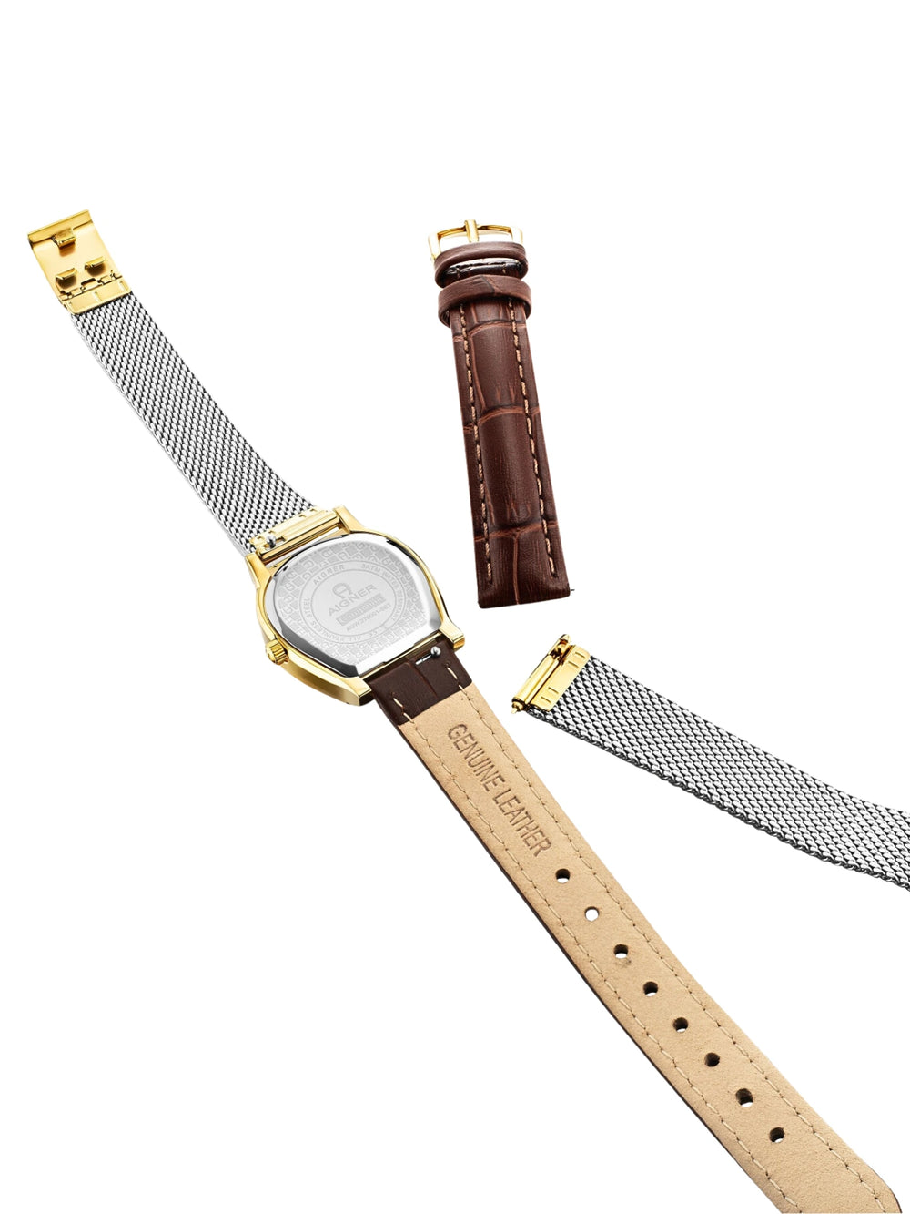gambar-strap-Aigner-Set-White-Gold-Silver-Stailess-Steel-Dark-Brown-Leather-Womens-Watch