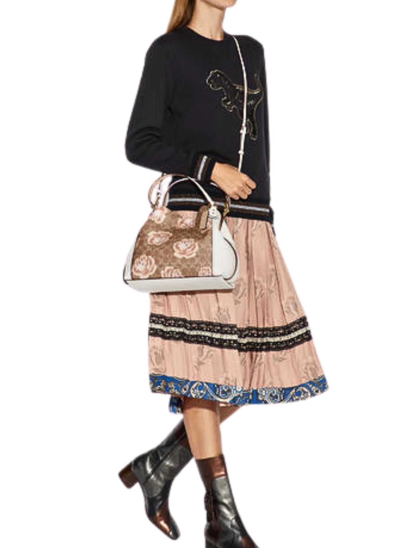 Coach F32314 Edie Shoulder Bag 28 In Signature Rose Print Brass/Tan Chalk