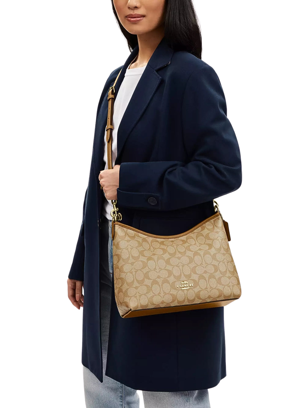 on-model-1-Coach-Laurel-Shoulder-Bag-In-Signature-Canvas-Light-Khaki-Light-Saddle