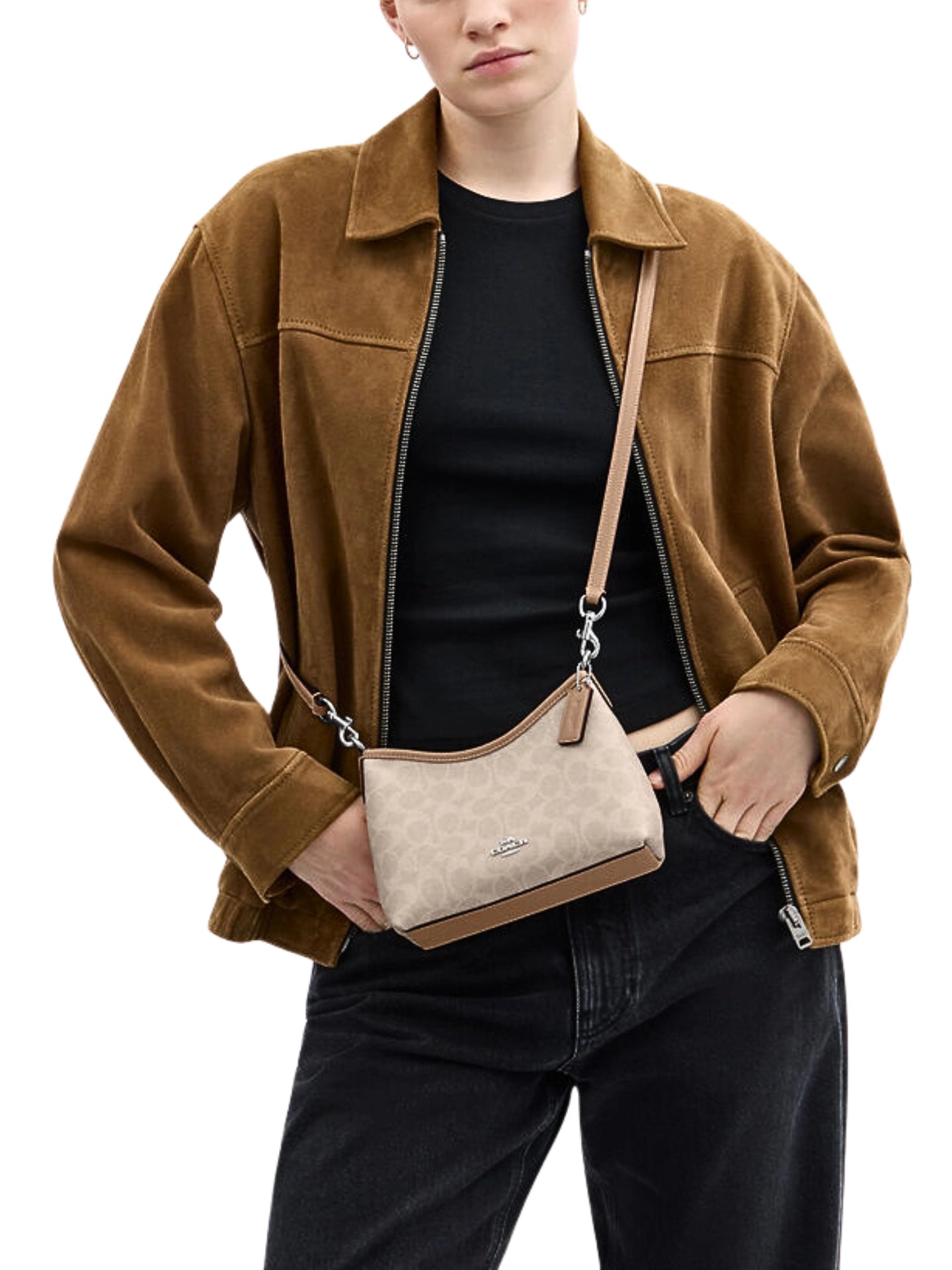 on-model-1-Coach-Laurel-Small-Shoulder-Bag-In-Signature-Canvas-Sand-Taupe