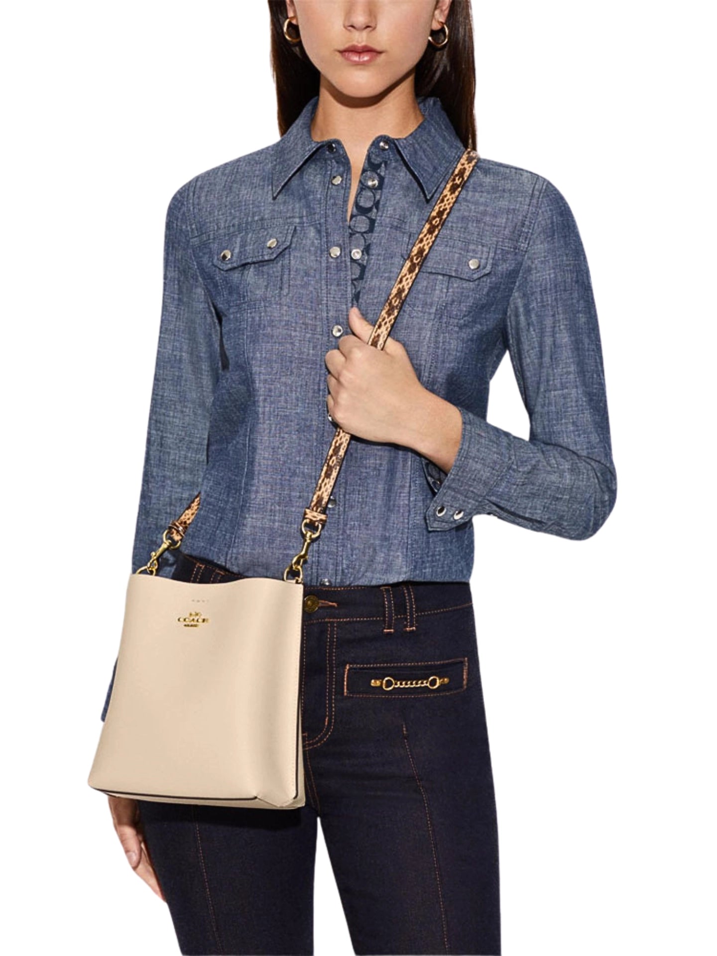 on-model-1-Coach-Mollie-Bucket-Bag-22-Snake-Embossed-Leather-Ivory-Multi