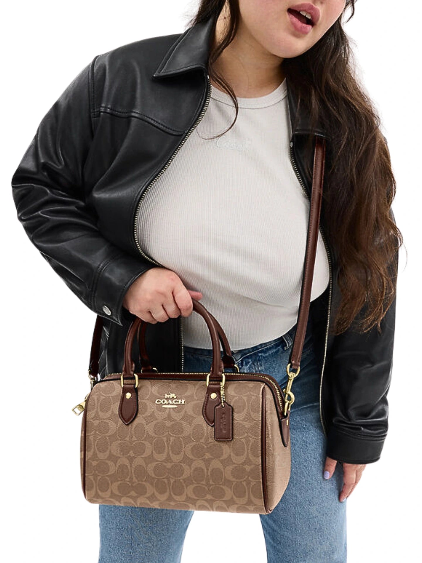 on-model-1-Coach-Rowan-Satchel-In-Signature-Canvas-Tan-Brown