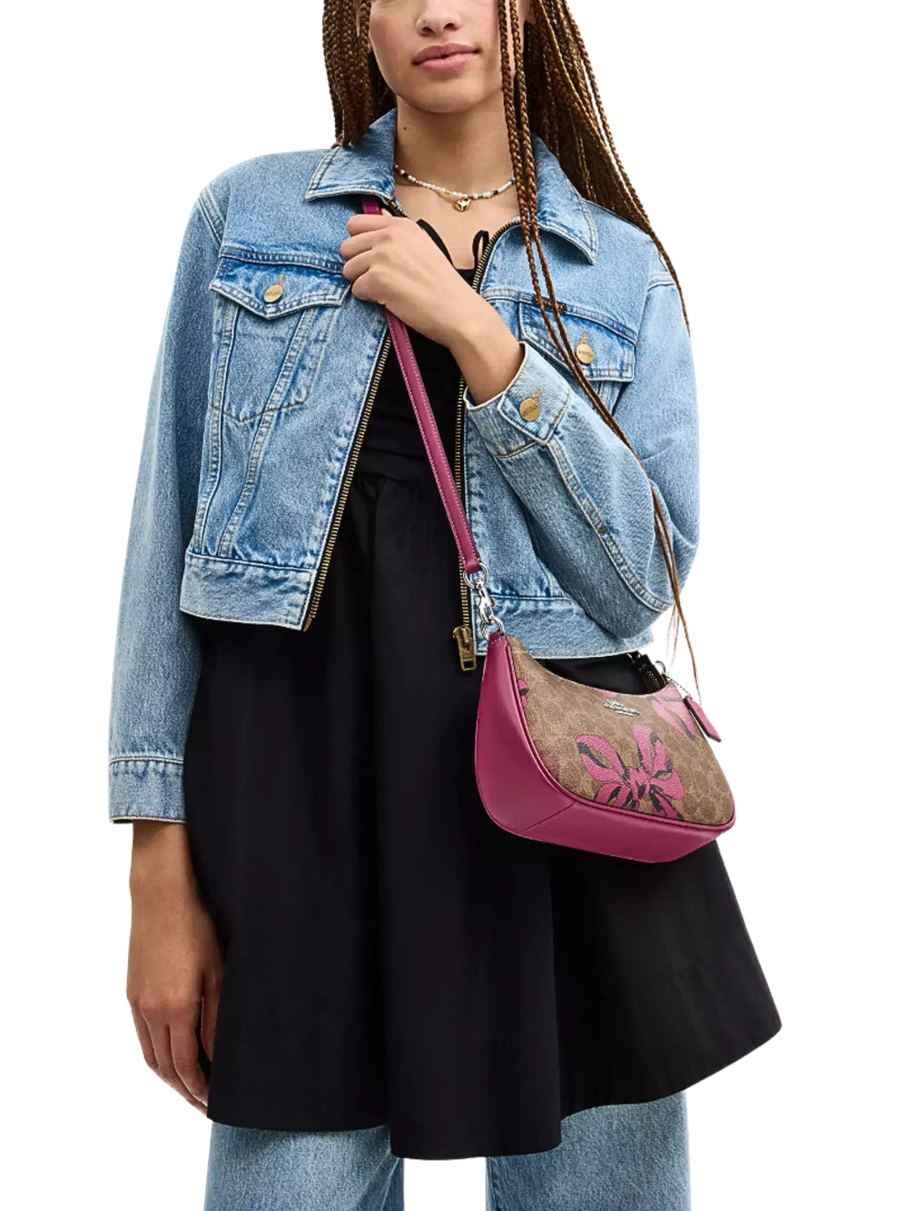 on-model-1-Coach-Teri-Shoulder-Bag-In-Signature-Canvas-With-Bow-Print-Tan-Pink-Multi