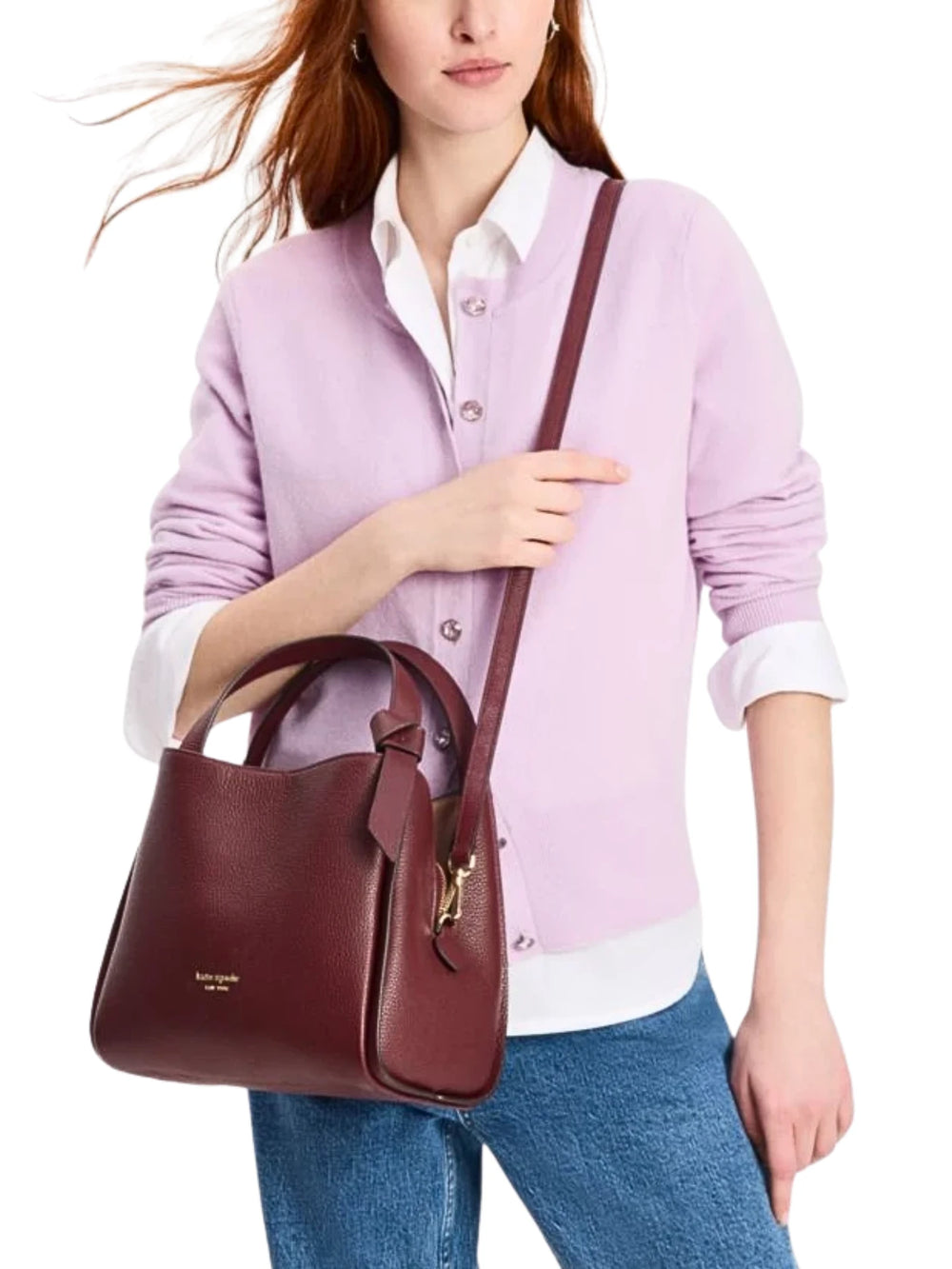 on-model-1-Kate-Spade-Knott-Medium-Crossbody-Tote-Bag-Cordovan