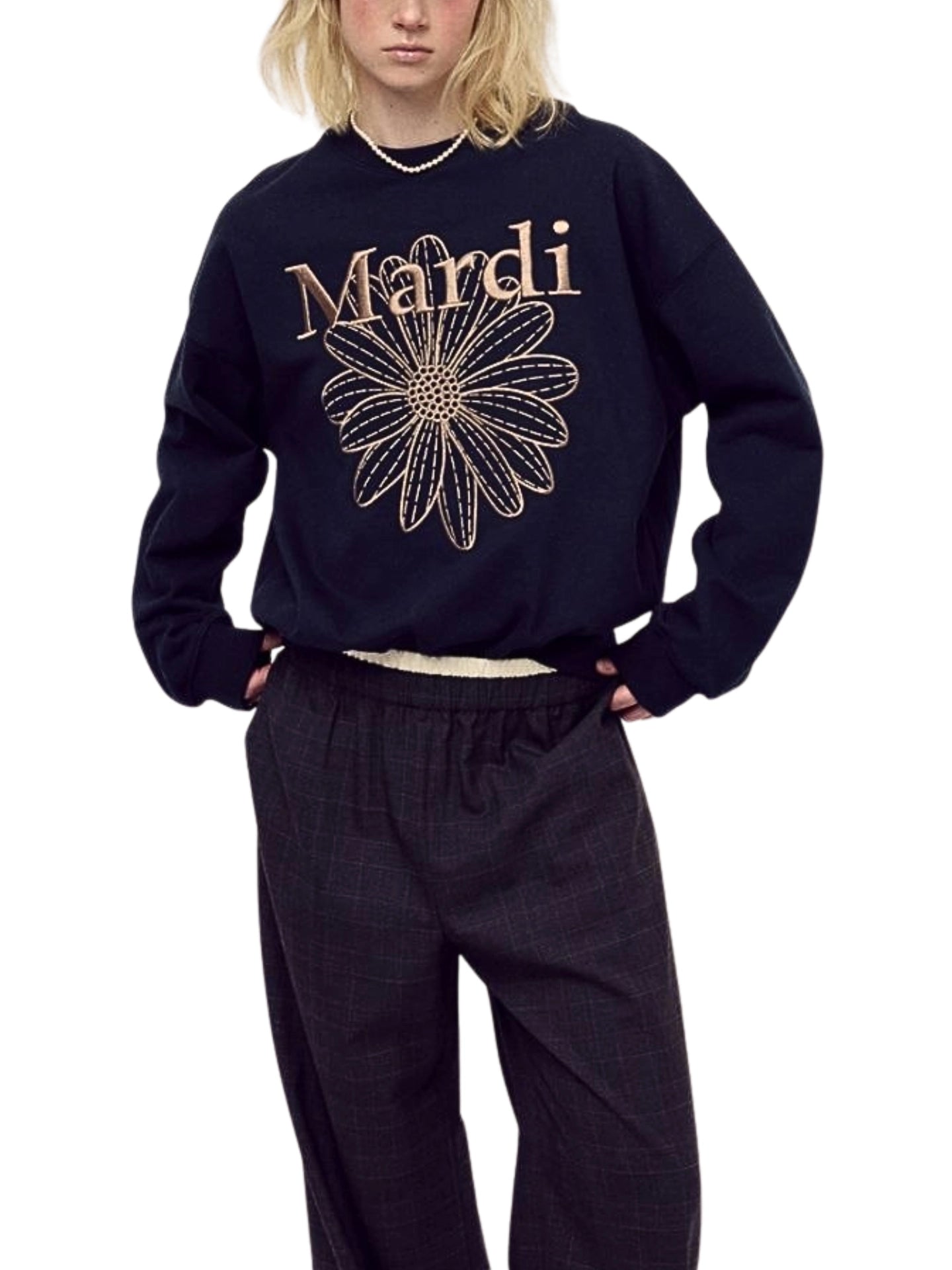 on-model-1-Mardi-Mercredi-Sweatshirt-Flowermardi-Needlework-Navy-Taupe