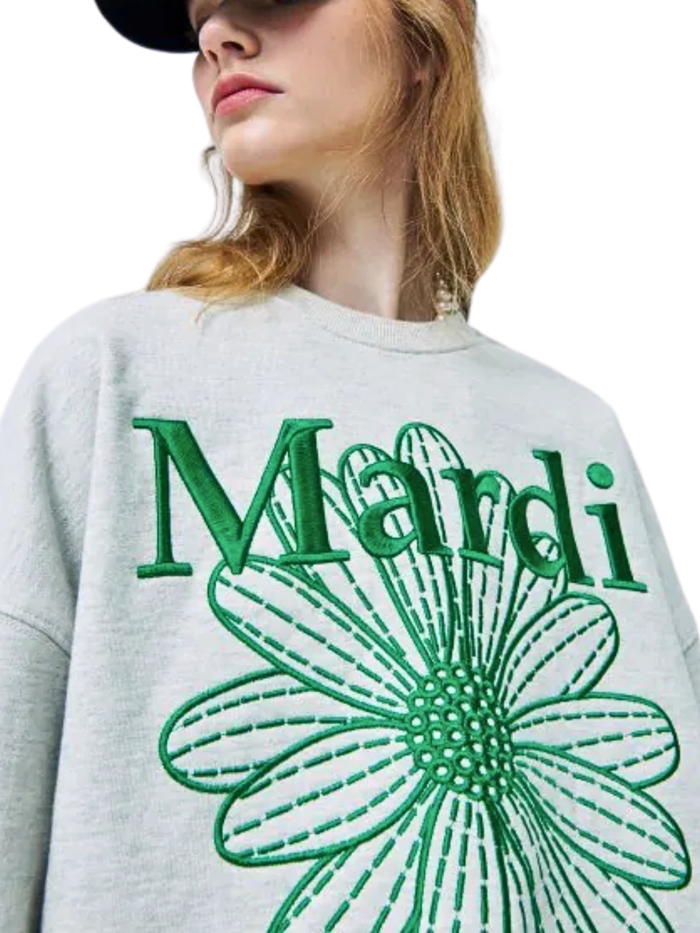 on-model-1-Mardi-Mercredi-Sweatshirt-Flowermardi-Needlework-Oatmeal-Green