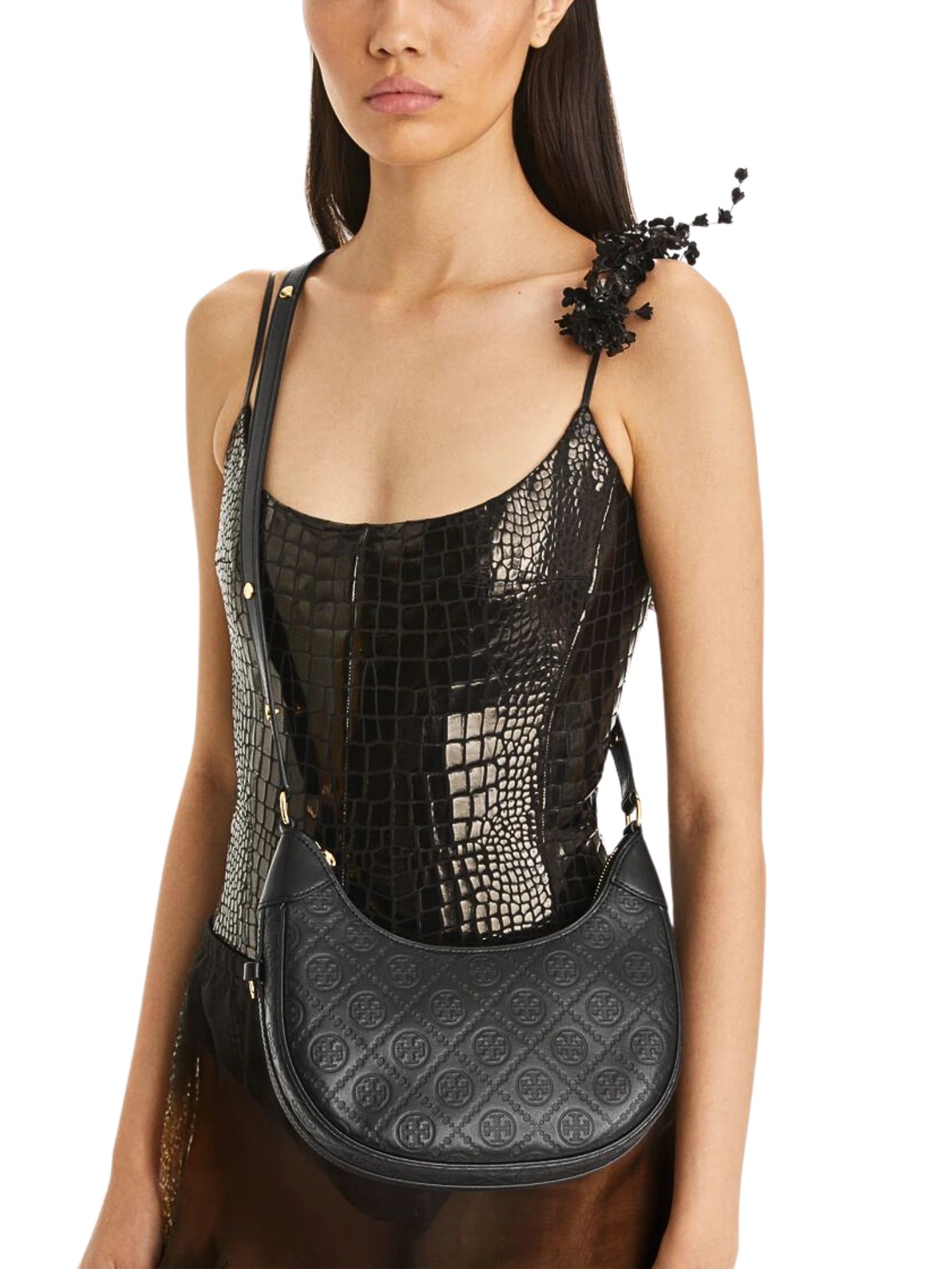 on-model-1-Tory-Burch-T-Monogram-Leather-Crescent-Bag-Black