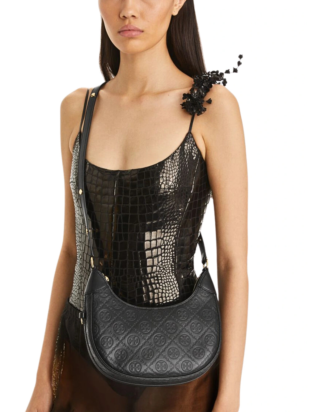 on-model-1-Tory-Burch-T-Monogram-Leather-Crescent-Bag-Black