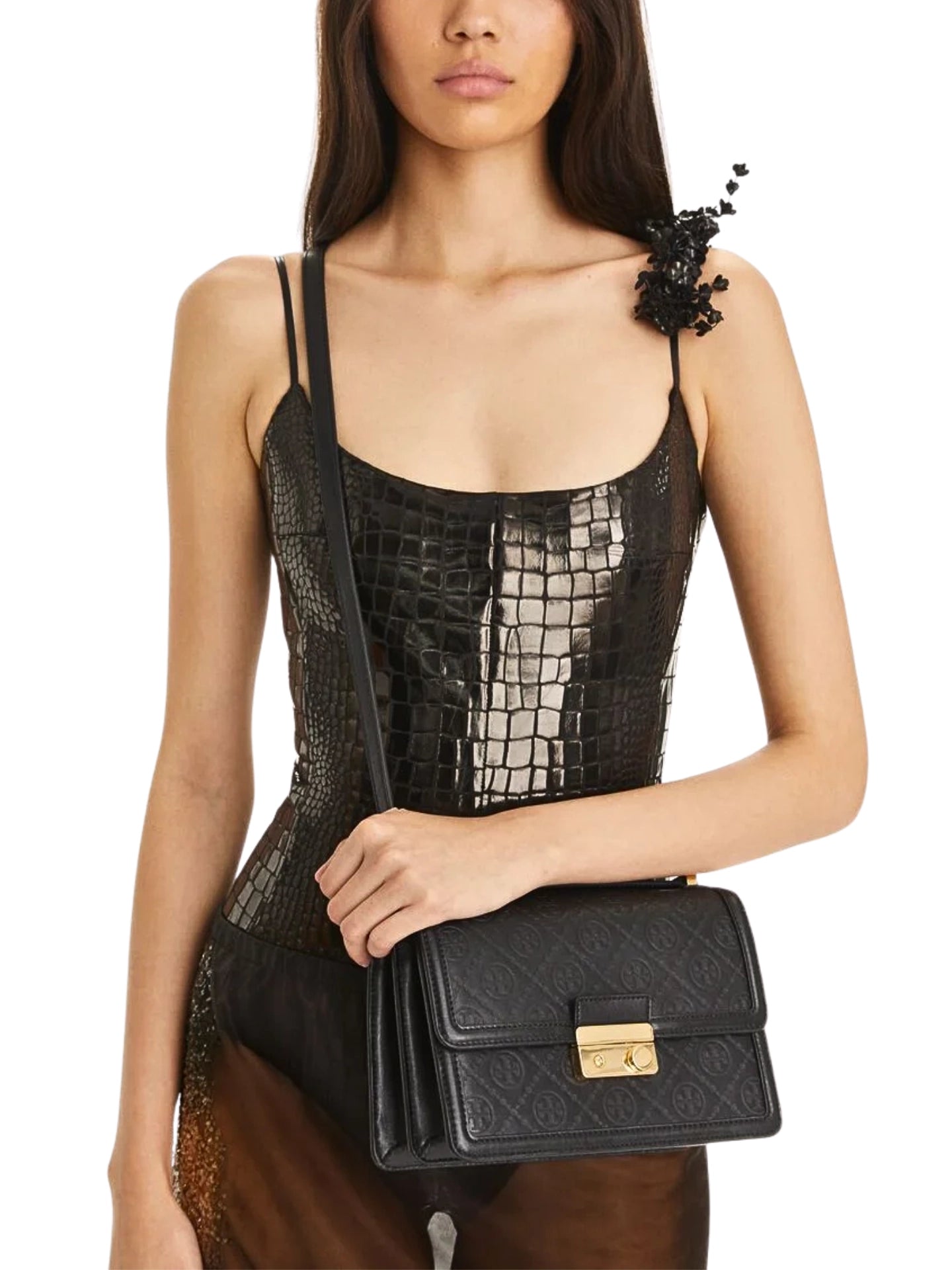 on-model-1-Tory-Burch-T-Monogram-Leather-Shoulder-Bag-Black