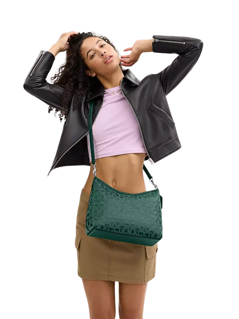 on-model-2-Coach-Laurel-Shoulder-Bag-With-Signature-Rivets-Emerald-Green