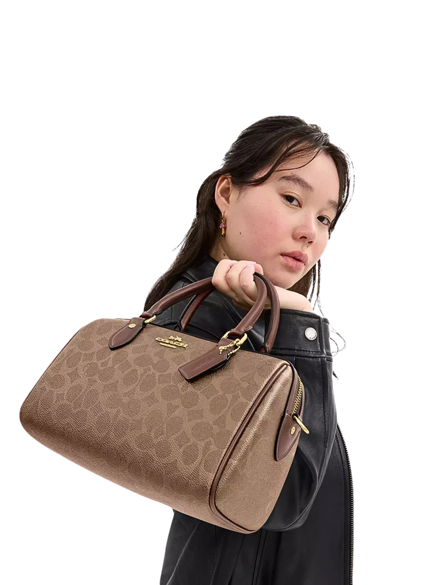 on-model-2-Coach-Rowan-Satchel-Bag-In-Signature-Canvas-Tan-Brown