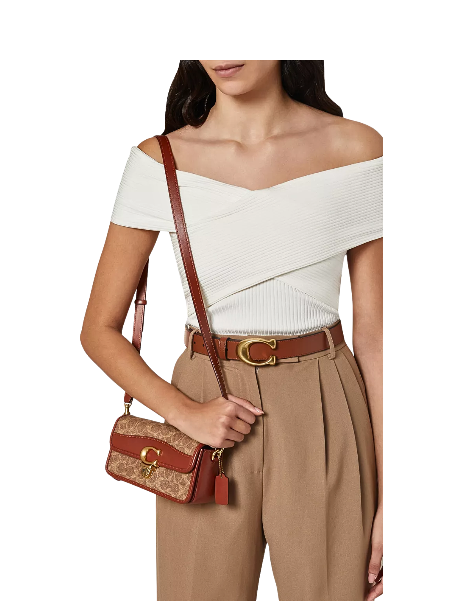 on-model-2-Coach-Studio-Baguette-Bag-In-Signature-Canvas-Tan-Rust
