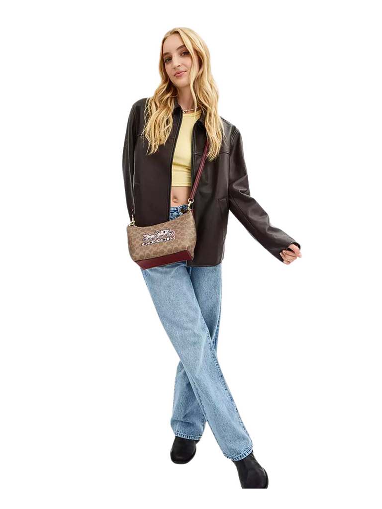 on-model-2-Coach-Zip-Top-Shoulder-Bag-In-Signature-Canvas-With-Horse-And-Carriage-Print-Tan-Black-Cherry