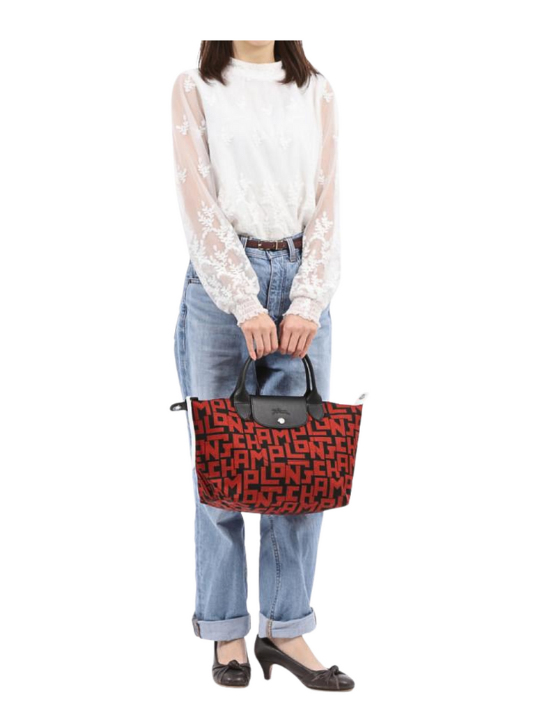 on-model-2-Longchamp-Le-Pliage-LGP-Small-Top-Handle-Black-Red