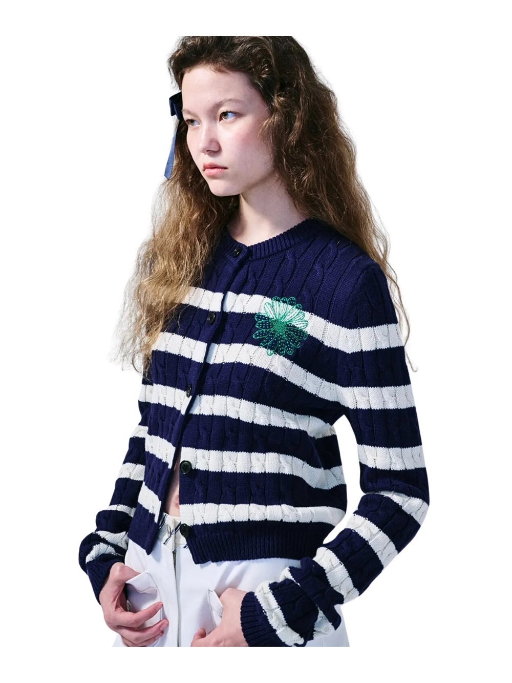 on-model-Mardi-Cotton-Cardigan-Round-Neck-Stripe-Navy-Green-