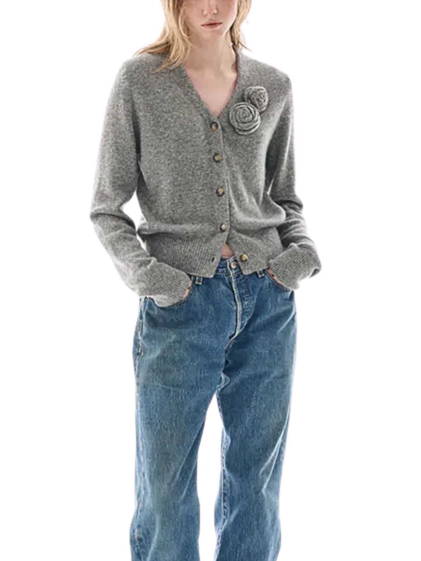 on-model-3-Mardi-Mercredi-Cashmere-Blended-Cardigan-V-Neck-Rose-Grey