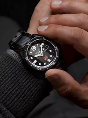 on-model-5 -Sports-Seiko- Honda -Super- Cub- Limited -Edition -“SKX -Sense- Style” -Automatic- Grey -Nylon -Strap- Black -Dial